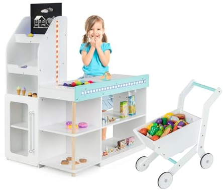 DREAMADE Kaufladen Kinder, Kaufmansladen Holz mit 3 LED-Lichtleisten & realistischer Kasse, Spiel-Supermarkt mit 39 Zubehör & Kreidetafel, Verkaufsstand Spielzeug Set für Kinder ab 3 Jahren (Weiß)