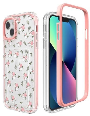 ZCDAYE iPhone 13 Case with Card Holder, Floral Flower Clear TPU Soft Shockproof Case for iPhone 13 (6.1 inch), Pink