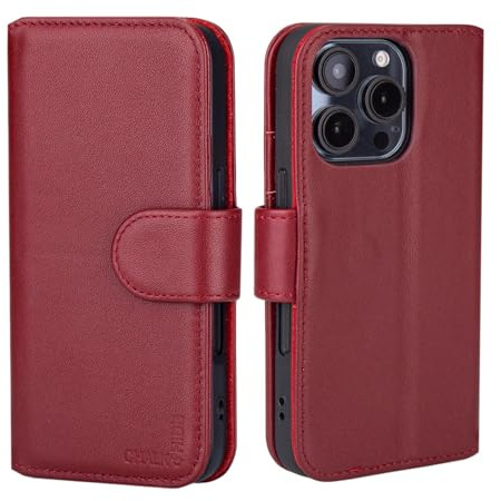 CHALK & HIDE Genuine Leather Wallet Case for iPhone 16 Pro (6.3) | RFID Blocking Card Slots, Magnetic Flip Cover, Kickstand | Premium Book-Style Protective Case - Burgundy