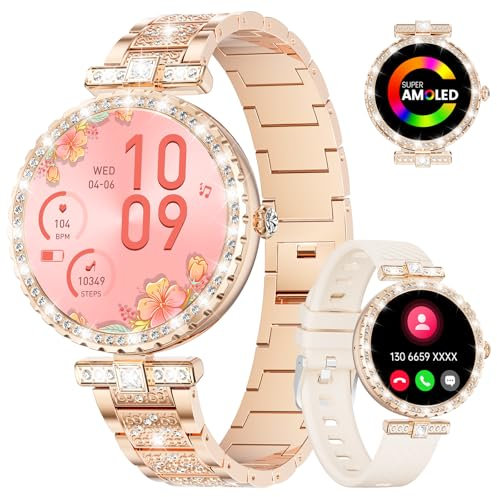 LIGE Smartwatch Damen mit Telefonfunktion,1.19 AMOLED Fitness Tracker mit 100+ Sportmodi, 24H Herzfrequenz Schlafmonitor Menstruationszyklus, IP68 Diamon Smart Watch für Android iOS, Roségold