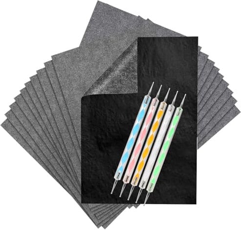 ALEEIK Pauspapier Schwarzes Kohle Papier Transferpapier 150 Blatt Carbon Papier mit 5 Pcs Präge Stift Graphitpapier A4 Durchschlagpapier für Holz Papier Leinwand