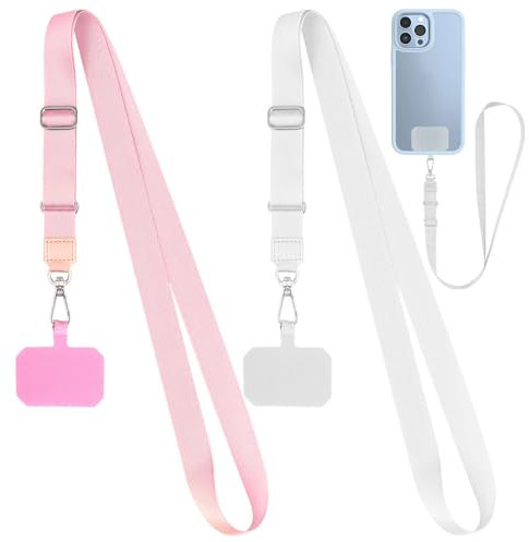 Azlanway Cordon universel pour téléphone portable, 2 pièces Handy Lanyard avec patch universel, sangle pour portable pour toutes les housses de portable courantes, réglable et amovible, Blanc + rose