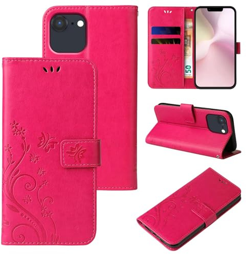 LBH Handy Hülle kompatibel mit Apple iPhone 17e / 16e Case Handytasche Schmetterling Blumen Flower Standfunktion Schutzhülle Magnet Rundum Schutz 360 Grad Flipcase Cover Pink