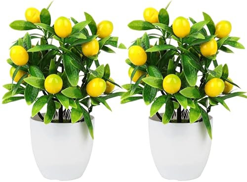 2 Pcs Artificial Lemon Plant in Pot, 24.5CM Faux Plants Small Simulated Lemon Tree Fake Potted Lemon Bonsai Decorative for Ornaments Bedroom Living Room Bathroom Desk Table Kitchen Indoor Home Decor