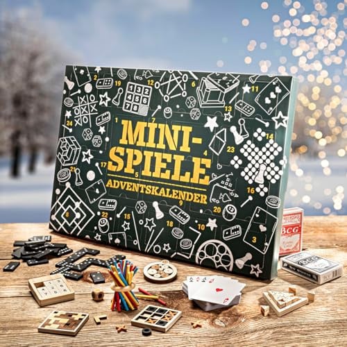 BRAST Adventskalender | 24 Mini Spiele im Taschenformat | strategisch bis knifflig | Ideal für unterwegs | einzeln in Stoffbeuteln verpackt | Spieleklassiker & Knobelspiele - Rommé Mühle Domino