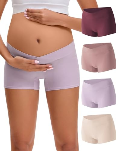 INNERSY Umstandsunterhosen Damen V-Form Schwangerschafts Boxershorts 4 Pack | Schwangerschaftsunterwäsche Niedrige Taille, 100% Baumwolle Schritt, Wochenbett Unterwäsche, Umstands Boyshort Unterbauch