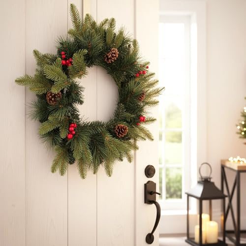Künstlicher Weihnachtskranz 50 cm – Realistische Tannenzweige mit roten Ilex-Beeren & Tannenzapfen Deko-Kranz Spritzguss Mix Türkranz