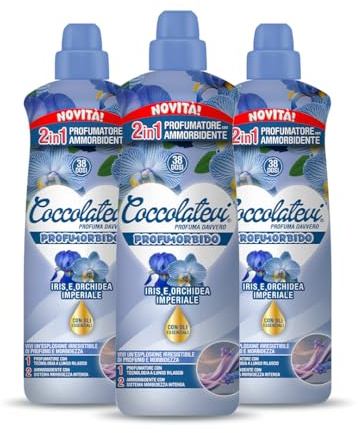 COCCOLATEVI Profumorbido Iris e Orchidea Imperiale, Confezione da 3 x 760 ml, Profumatore e Ammorbidente 2in1, 38 Lavaggi a Flacone, Formula Concentrata con Oli Essenziali e Microcapsule