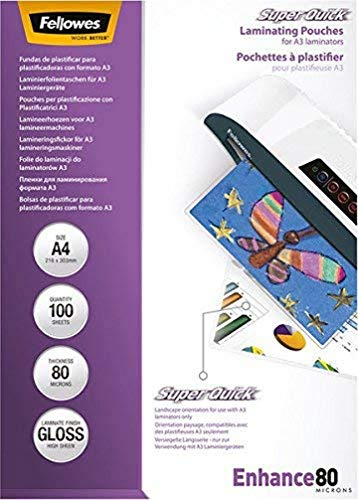Fellowes Laminierfolie A4 SuperQuick, 80 Mikron (2 x 80mic), an Längsseite versiegelt, für A3 Laminiergeräte, 100 Stück