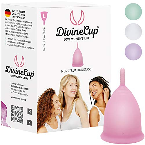 DIVINE CUP Menstruationstasse Größe L, groß - klinisch getestet - 100% Made in Germany - rosa, in vier Farben erhältlich - weiches, wiederverwendbares, medizinisches Silikon