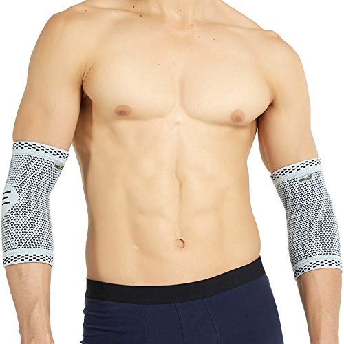 NEOtech Care Ellenbogenbandage - Bambusfaser & 3D-Strickgewebe - elastisch & atmungsaktiv - für Golf, Tennis, Sport - rechter oder linker Arm (Grau, 1 Paar, Größe L)