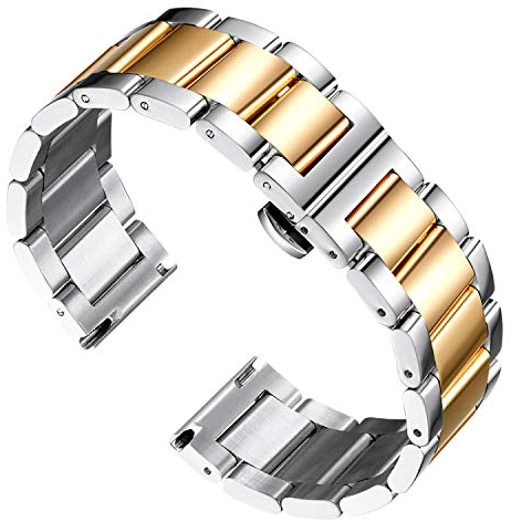 BINLUN Edelstahl Uhrenarmband Ersatzarmband Poliert Metall Uhrenarmbänder Matt Gebürstet Metallarmband für Herren Damen mit Schmetterlingsschnalle(Poliertes Silber und Gold 20mm)