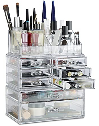 Relaxdays 1 x Make Up Organizer mit Schubladen, stapelbarer Schmuckkasten für Make Up, Acryl Schminkaufbewahrung, transparent