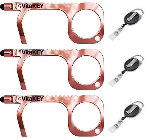 Vita Key Germ Key Tool, No Touch Door Opener, Anti Touch Tool Key, No-Touch Germ-Free, Antimicrobial Hand Tool with Touchless Touchscreen Stylus and Bonus Rectractable Carabiner (3 Pack)
