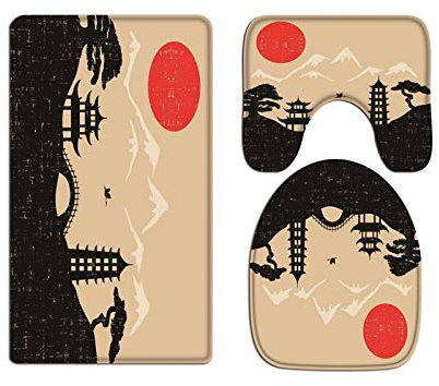 A.Monamour Badezimmer Badematte 3 Teilig Set Japanische Landschaft Rote Sonne Berg Silhouette Flanell WC Toilette Deckel Deckt Bad Matte Teppich Badteppiche Badvorleger Badgarnitur Vorleger