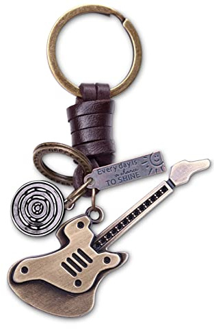AuPra Electric Guitar Keyring Gift for Women & Men | Leather Guitar Key Ring Charm | Music Keychain for Car, Bags & Accessories | Personalised Engraving Available