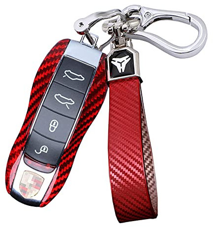 ontto Coque de clé de Voiture en Fibre de Carbone pour Porsche Cayenne Macan 911 Carrera Boxster Cayman Panamera 970 981 991 Porte-clés Housse de Protection 3 Boutons Rouge