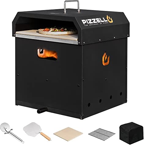 PIZZELLO Four à pizza barbecue granulés de bois 16 fours à pizza d'extérieur avec pierre à pizza, pelle à pizza, coupe-pizza, couvercle, grille de cuisson - Noir