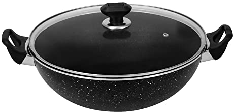 Bartan 30cm Cooking Wok Karahi Kadhai with Glass lid and Spoon, 3-Ply Marble Non-Stick Coating, Aluminium, Suitable for Induction Cookers/Stoves, Cool-Touch Bakelite Handle