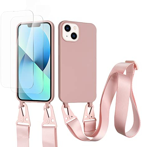 vrupin kompatibel mit iPhone 13 Handykette Hülle,[2 Stück Schutzfolie 9H Härte Gehärtete Folie].Necklace Hülle Nylon Schultergurt Weich Flüssiges Silikon-Lotus Farbe