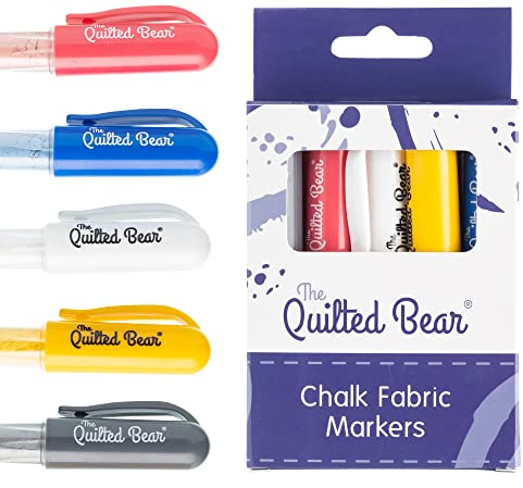 The Quilted Bear Chalk Fabric Markers for Sewing - Pen Style Fabric Markers for Sewing, Quilting & Crafts with Chalk Wheel Tip & 5 Colours Per Pack (Red, Blue, White, Silver & Yellow)