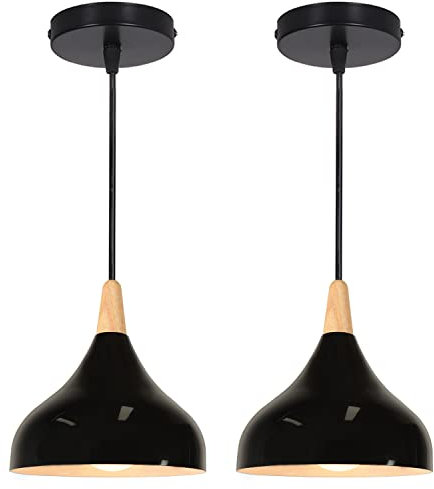 WOTTES Suspension Rétro Métal Industriel Suspension E27 Réglable Corde Bois Aluminium Abat-Jour Pour Salon Cuisine Salle À Manger Chambre (Ampoule Non Incluse) (2 pack le noir)