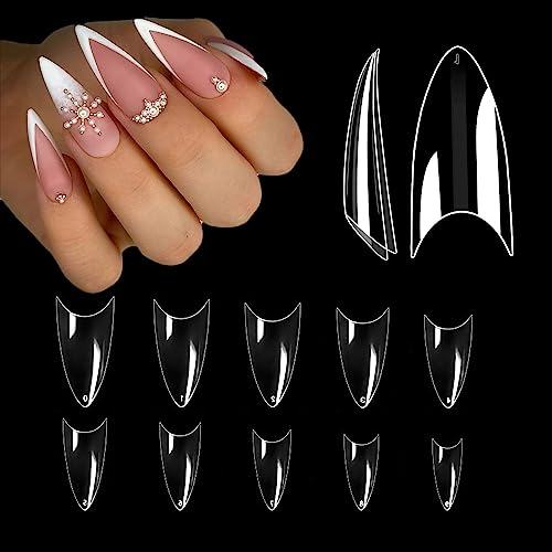 Short Stiletto Nail Tips, BYLife 500PCS Soft Gel Nail Tips for Acrylic Nails, 10 Sizes Half Cover Clear Extensions Tips Professional Extra Short Almond False Nails for DIY Nail Art Salons