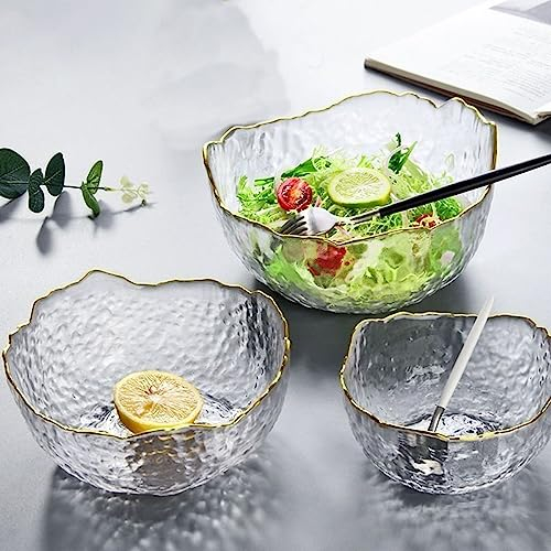 Soulnioi Cuencos de vidrio para servir, 3 cuencos de ensalada de vidrio con borde dorado, cuenco redondo martillado, cuenco decorativo para frutas, cuenco de postre para dulces, helados, alimentos