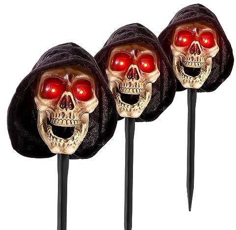 Halloween Animatronics Sensenmann Wegmarkierungen – Gruseliger sprechender Totenkopfkopf mit Sound aktiviert, gruselige Stimme, leuchtende Augen, Mundbewegung, gruselige Spukhorror-Requisite für