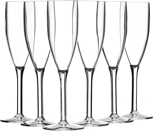 SECO Lot de 6 flûtes à champagne réutilisables en polycarbonate de 190 ml, faciles à tenir, pratiquement incassables, parfaites pour les événements, le camping, les repas en plein air - Transparent