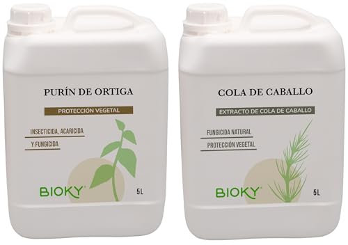 Bioky - Purín de Ortiga 5L y Extracto de Cola de Caballo 5L - Aporta Hierro y Nutrientes Esenciales - Mejora Defensas Naturales de Plantas - Producido por decocción y fermentación