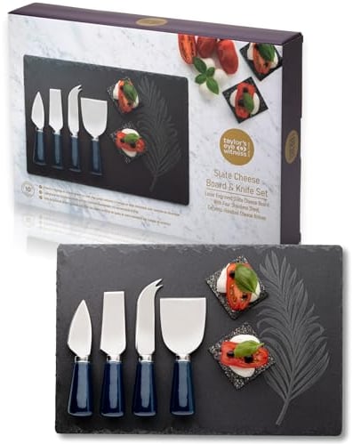 4 Piece Cheese Knife Set & Slate Board - Stylish Cheese Knives Gift Set With Slate Board. Blue Coloured Ceramic Handles & Classic Polished Stainless Steel Blades. 10 Year Guarantee.