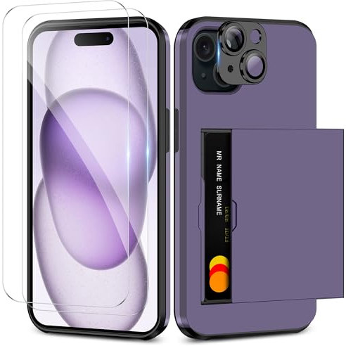 Coolden for iPhone 15 Case with Card Holder & 2 Screen Protector + 1 Camera Lens Protector Full Body Heavy Duty Protective Case Armor Shockproof Wallet Case Cover for iPhone 15 Phone Case-Purple