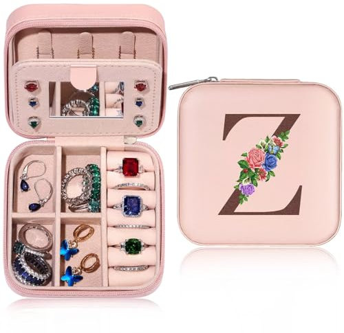 TINGN Initiale Schmuckkästchen Kleine Schmuckkästchen mit Namen Initiale Z und Blume Schmuckkästchen Travel Organizer Box mit Spiegel für Damen Mädchen Geschenk für Geburtstage, Weihnachten, Muttertag