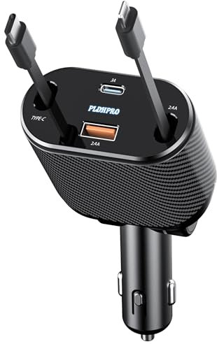 PLDHPRO Einziehbare Auto Ladegerät 4 in 1 Zigarettenanzünder Schnellladeadapter mit USB C Kabel KFZ Kompatibel iPhone 16/15/14/13 Pro SamsungGalaxy S25/S24/23/Ultra/S22/S21