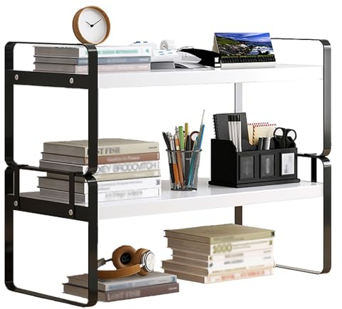 Hggzeg Schreibtisch-Regal-Organizer, 2-stöckiges Schreibtisch-Bücherregal, Mehrzweck-Bücherregal, Aufbewahrungsregal für Zuhause, Büro, Schule (schwarz + weiß)