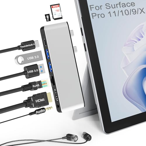 Surface Pro 11 10 9 Docking Station mit 4K HDMI,Thunderbolt 4(8K Video+40 Gbps+100W Leistung),100M Ethernet,USB 3.0,SD TF-Kartensteckplatz,3,5mm Audio,Dreifachdisplay für Surface Pro 11/10/9/X Zubehör