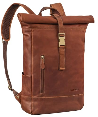 STILORD 'Harriet' Vintage Rolltop Rucksack Leder mit Laptop-Fach 15,6-17 Zoll Fahrradrucksack Kurierrucksack für Damen und Herren aus weichem Büffel-Leder, Farbe:cognac - braun