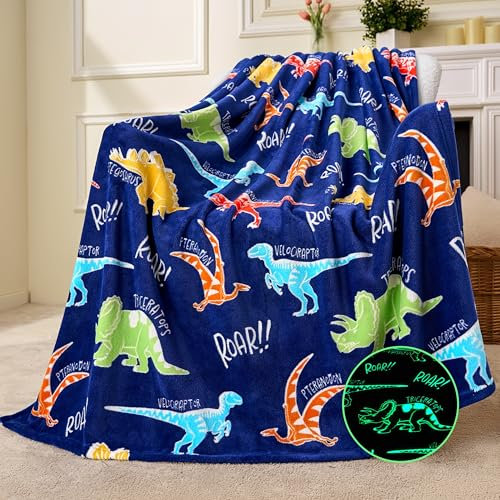 Joiedomi Decke Kuscheldecke Leuchtet im Dunkeln – Dinosaurier-Geschenk für Mädchen und Jungen im Alter von 2 bis 12 Jahren – Weiche, gemütliche Flanell-Kinderdecke – Geburtstagsgeschenk 50×60