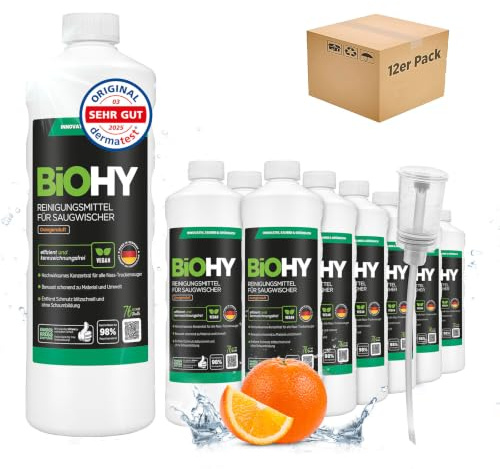 BiOHY Cleaning agent for suction wipers with orange scent (12 x 1l Bottle) + Dispenser | 1:200 concentrate for all wet-dry vacuum cleaners | ideal for tiles, PVC, parquet, laminate & carpet