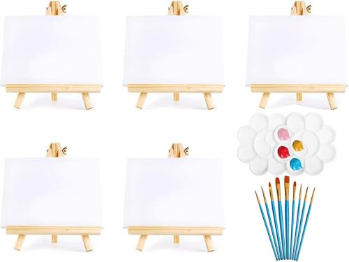 Lot de 5 chevalets de décoration en bois de 13 x 18 cm avec chevalet de 14 x 20 cm - Pour affichage, photos, cartes de visite, albums photo, posters, mémo, peinture avec pinceaux et bacs à peinture