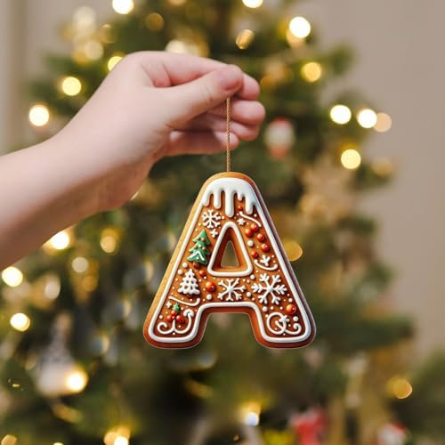 A-Z 26 Gingerbread Alphabet Ornaments for Christmas Tree Decorations, Candy Cane Initial Letter Xmas Pendant with Berries Pattern, Christmas Tree Hanging Ornaments DIY for Home Party Decor