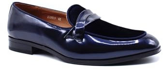 Mocassini da Uomo in Pelle Verniciata Lucida e Velluto, Scarpe da Festa [EL0921-NAVY-11 UK]