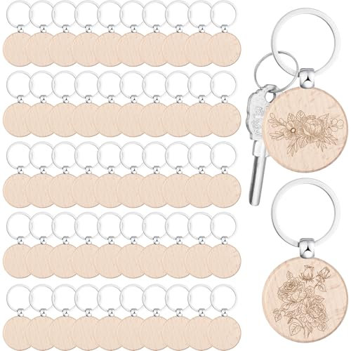 Lot de 50 porte-clés ronds en bois vierges personnalisés, avec anneau renversé en acier inoxydable pour artisanat, gravure pyrographie (ronds)