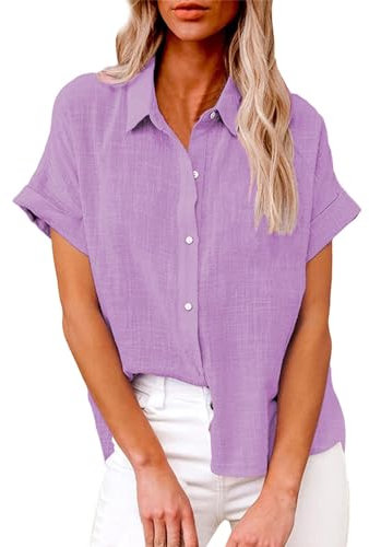 Camicia da donna a maniche corte in cotone e lino, tinta unita, elegante, taglie grandi, in lino, da spiaggia, estiva, casual, casual, da lavoro, lilla, 4XL