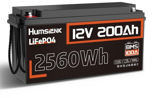 HumsiENK Lithium Battery 12V 200Ah LiFePO4 Batteries, 15000 Deep Cycle Solarzellen, mit Niedertemperaturschutz, Geeignet für Wohnmobile, Boote, Trolling Motoren, Energiespeicher
