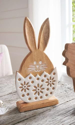 Dekoleidenschaft Dekofigur Hase aus Mango Holz & Porzallan, weiß, 27 cm hoch, Osterdeko, Osterhase