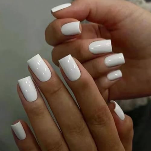 French Tip False Nails - 24pcs Press on Nails Short - Square Pure White Stick on Nails with Glue - 12 Sizes Glue on French Nail Tips - Full Cover Glossy Acrylic Nail Art for Women Girls