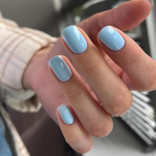 KQueenest Light Blue Press on Nails Short Square, Short False Nails Coffin, Glossy Solid Small Pastel Blue Fake Nails Set, Perfectly Fit, Reusable Gel Stick on Nail for Women Daily Wear 24 Pcs