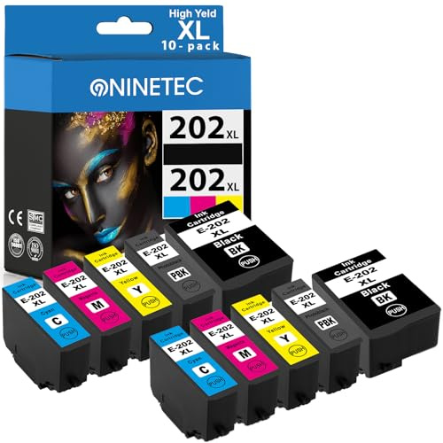 NINETEC 202XL Multipack Druckerpatronen Ersatz Kompatibel für Epson 202 XL Expression Premium XP-6000 XP-6005 XP-6100 XP-6105 Schwarz Foto Schwarz Cyan Magenta Gelb 10-Pack